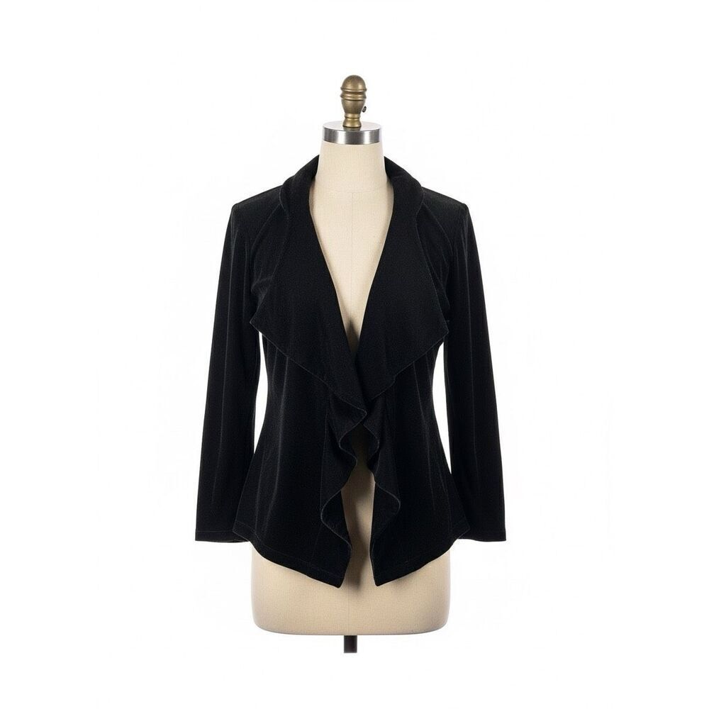 Black Velvet Waterfall Drape Holiday Jacket Women’s L Open Front Dressy Top